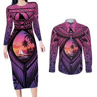 Guam Chamorro Artsy Couples Matching Long Sleeve Bodycon Dress and Long Sleeve Button Shirt Guahan Sunset Beach
