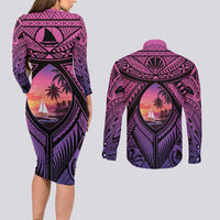 Guam Chamorro Artsy Couples Matching Long Sleeve Bodycon Dress and Long Sleeve Button Shirt Guahan Sunset Beach