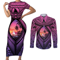 Guam Chamorro Artsy Couples Matching Short Sleeve Bodycon Dress and Long Sleeve Button Shirt Guahan Sunset Beach