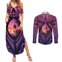 Guam Chamorro Artsy Couples Matching Summer Maxi Dress and Long Sleeve Button Shirt Guahan Sunset Beach