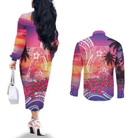 Guam Latte Stone with Map Couples Matching Off The Shoulder Long Sleeve Dress and Long Sleeve Button Shirt Bougainvillea Beach Sunset