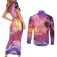 Guam Latte Stone with Map Couples Matching Short Sleeve Bodycon Dress and Long Sleeve Button Shirt Bougainvillea Beach Sunset