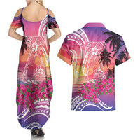 Guam Latte Stone with Map Couples Matching Summer Maxi Dress and Hawaiian Shirt Bougainvillea Beach Sunset
