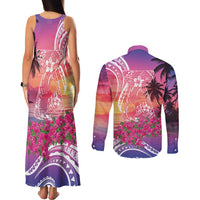 Guam Latte Stone with Map Couples Matching Tank Maxi Dress and Long Sleeve Button Shirt Bougainvillea Beach Sunset