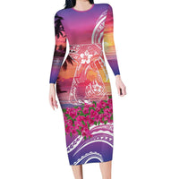 Guam Latte Stone with Map Family Matching Long Sleeve Bodycon Dress and Hawaiian Shirt Bougainvillea Beach Sunset LT9 Mom's Dress Sunset - Polynesian Pride