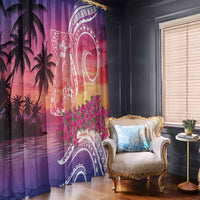 Guam Latte Stone with Map Window Curtain Bougainvillea Beach Sunset