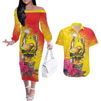 Papua New Guinea Cultural Tropical Flowers Couples Matching Off The Shoulder Long Sleeve Dress and Hawaiian Shirt LT9 Gold - Polynesian Pride