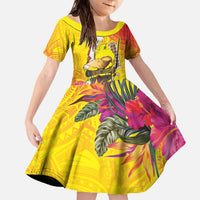 Papua New Guinea Cultural Tropical Flowers Family Matching Off The Shoulder Long Sleeve Dress and Hawaiian Shirt LT9 Daughter's Dress Gold - Polynesian Pride