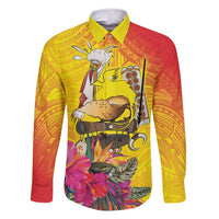 Papua New Guinea Cultural Tropical Flowers Family Matching Off Shoulder Short Dress and Hawaiian Shirt LT9 Dad's Shirt - Long Sleeve Gold - Polynesian Pride