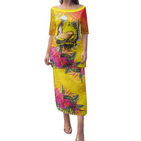 Papua New Guinea Cultural Tropical Flowers Family Matching Puletasi and Hawaiian Shirt LT9 Mom's Dress Gold - Polynesian Pride