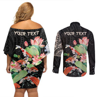 Personalized Japanese Koi Fish Couples Matching Off Shoulder Short Dress and Long Sleeve Button Shirt with Polynesian Pattern