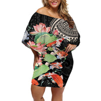 Personalized Japanese Koi Fish Off Shoulder Short Dress with Polynesian Pattern LT9 Women Black - Polynesian Pride