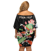 Personalized Japanese Koi Fish Off Shoulder Short Dress with Polynesian Pattern LT9 - Polynesian Pride