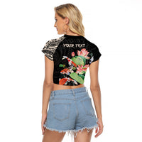 Personalized Japanese Koi Fish Raglan Cropped T Shirt with Polynesian Pattern