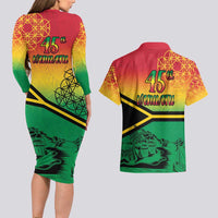 Hapi 45th Indipendens Dei Vanuatu Couples Matching Long Sleeve Bodycon Dress and Hawaiian Shirt Yumi 1980 with Vanuatuan Beach Landscape