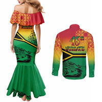 Hapi 45th Indipendens Dei Vanuatu Couples Matching Mermaid Dress and Long Sleeve Button Shirt Yumi 1980 with Vanuatuan Beach Landscape