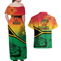 Hapi 45th Indipendens Dei Vanuatu Couples Matching Off Shoulder Maxi Dress and Hawaiian Shirt Yumi 1980 with Vanuatuan Beach Landscape