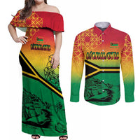 Hapi 45th Indipendens Dei Vanuatu Couples Matching Off Shoulder Maxi Dress and Long Sleeve Button Shirt Yumi 1980 with Vanuatuan Beach Landscape