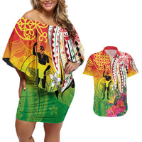 Vanuatu 45th Anniversary Couples Matching Off Shoulder Short Dress and Hawaiian Shirt Polynesian with Sand Drawing Pattern