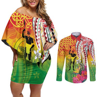 Vanuatu 45th Anniversary Couples Matching Off Shoulder Short Dress and Long Sleeve Button Shirt Polynesian with Sand Drawing Pattern