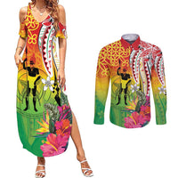 Vanuatu 45th Anniversary Couples Matching Summer Maxi Dress and Long Sleeve Button Shirt Polynesian with Sand Drawing Pattern