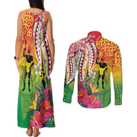 Vanuatu 45th Anniversary Couples Matching Tank Maxi Dress and Long Sleeve Button Shirt Polynesian with Sand Drawing Pattern