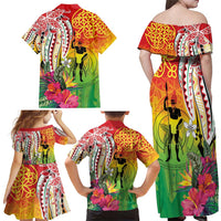 Vanuatu 45th Anniversary Family Matching Off Shoulder Maxi Dress and Hawaiian Shirt Polynesian with Sand Drawing Pattern