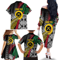 Vanuatu Proud to be Ni-van Personalised Family Matching Off The Shoulder Long Sleeve Dress and Hawaiian Shirt with Mutis En Atan Patterns