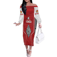 Custom Tonga Rugby Family Matching Off The Shoulder Long Sleeve Dress and Hawaiian Shirt Mate Maa Kupesi Style LT9 Mom's Dress Red - Polynesian Pride