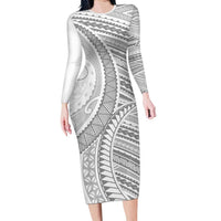 American Samoa White Sunday Family Matching Long Sleeve Bodycon Dress and Hawaiian Shirt Polynesian Lotu Tamaiti LT9 Mom's Dress White - Polynesian Pride