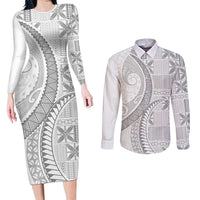 Niue White Sunday Couples Matching Long Sleeve Bodycon Dress and Long Sleeve Button Shirt Niuean Lotu Tamaiti Hiapo Pattern LT9 White - Polynesian Pride