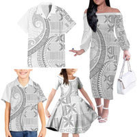 Niue White Sunday Family Matching Off The Shoulder Long Sleeve Dress and Hawaiian Shirt Niuean Lotu Tamaiti Hiapo Pattern LT9 - Polynesian Pride