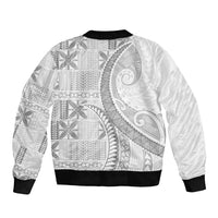 Niue White Sunday Sleeve Zip Bomber Jacket Niuean Lotu Tamaiti Hiapo Pattern LT9 - Polynesian Pride