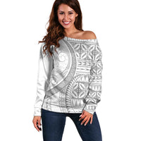 Polynesian White Sunday Off Shoulder Sweater Lotu Tamaiti Melanesian Pattern LT9 Women White - Polynesian Pride