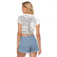 Polynesian White Sunday Raglan Cropped T Shirt Lotu Tamaiti Melanesian Pattern LT9 - Polynesian Pride