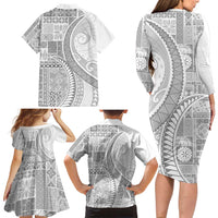 Samoa Siapo White Sunday Family Matching Long Sleeve Bodycon Dress and Hawaiian Shirt Lotu Tamaiti Polynesian White Pattern LT9 - Polynesian Pride