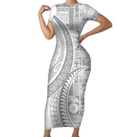 Samoa Siapo White Sunday Family Matching Short Sleeve Bodycon Dress and Hawaiian Shirt Lotu Tamaiti Polynesian White Pattern LT9 Mom's Dress White - Polynesian Pride