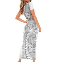 Samoa Siapo White Sunday Short Sleeve Bodycon Dress Lotu Tamaiti Polynesian White Pattern - Polynesian Pride