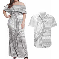Tokelau White Sunday Couples Matching Off Shoulder Maxi Dress and Hawaiian Shirt Lotu Tamaiti Ngatu Tokelau Feletoa Manulua LT9 White - Polynesian Pride