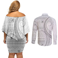 Tokelau White Sunday Couples Matching Off Shoulder Short Dress and Long Sleeve Button Shirt Lotu Tamaiti Ngatu Tokelau Feletoa Manulua LT9 - Polynesian Pride