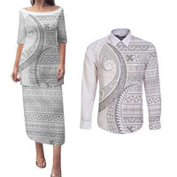Tokelau White Sunday Couples Matching Puletasi and Long Sleeve Button Shirt Lotu Tamaiti Ngatu Tokelau Feletoa Manulua LT9 White - Polynesian Pride