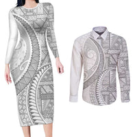 Tonga White Sunday Couples Matching Long Sleeve Bodycon Dress and Long Sleeve Button Shirt Lotu Tamaiti Ngatu Tribal LT9 White - Polynesian Pride
