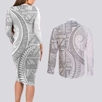 Tonga White Sunday Couples Matching Long Sleeve Bodycon Dress and Long Sleeve Button Shirt Lotu Tamaiti Ngatu Tribal LT9 - Polynesian Pride