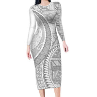 Tonga White Sunday Family Matching Long Sleeve Bodycon Dress and Hawaiian Shirt Lotu Tamaiti Ngatu Tribal LT9 Mom's Dress White - Polynesian Pride