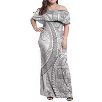 Tonga White Sunday Family Matching Off Shoulder Maxi Dress and Hawaiian Shirt Lotu Tamaiti Ngatu Tribal LT9 Mom's Dress White - Polynesian Pride