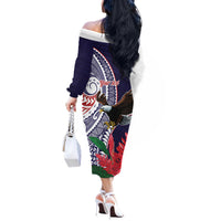 American Samoa Bald Eagle Personalized Off The Shoulder Long Sleeve Dress Polynesian Teuila Flowers - Polynesian Pride