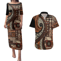 Vintage Samoa Siapo Mamanu Couples Matching Puletasi and Hawaiian Shirt Brown Samoan Tapa Motif - Polynesian Pride