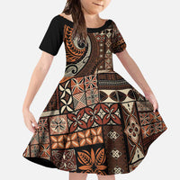 Vintage Samoa Siapo Mamanu Family Matching Mermaid Dress and Hawaiian Shirt Brown Samoan Tapa Motif LT9 Daughter's Dress Brown - Polynesian Pride