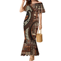 Vintage Samoa Siapo Mamanu Family Matching Mermaid Dress and Hawaiian Shirt Brown Samoan Tapa Motif LT9 Mom's Dress Brown - Polynesian Pride