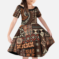 Vintage Samoa Siapo Mamanu Family Matching Off Shoulder Maxi Dress and Hawaiian Shirt Brown Samoan Tapa Motif LT9 Daughter's Dress Brown - Polynesian Pride